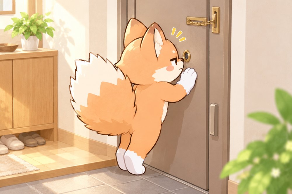 ドアチェーン越しに外をうかがうキツネのナビ助