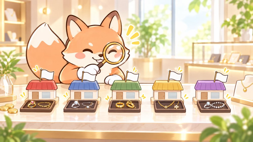 5つのお店の模型を虫めがねで見比べるきつねのナビ助