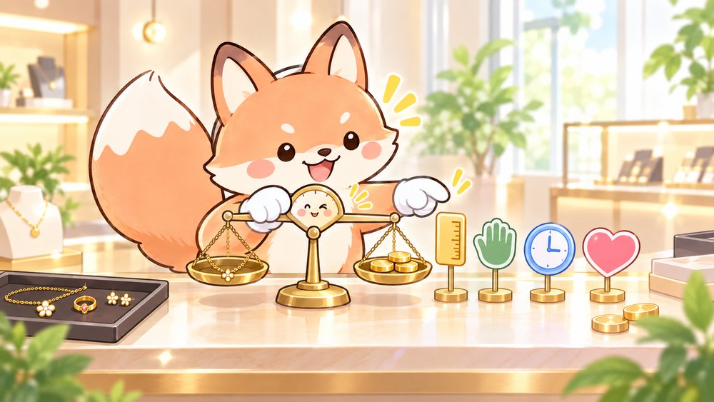 天びんと4つの旗で比較のポイントを確認するきつねのナビ助
