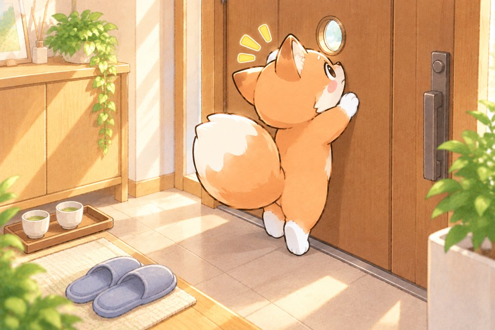 ドアののぞき窓をのぞこうと背伸びするキツネのナビ助