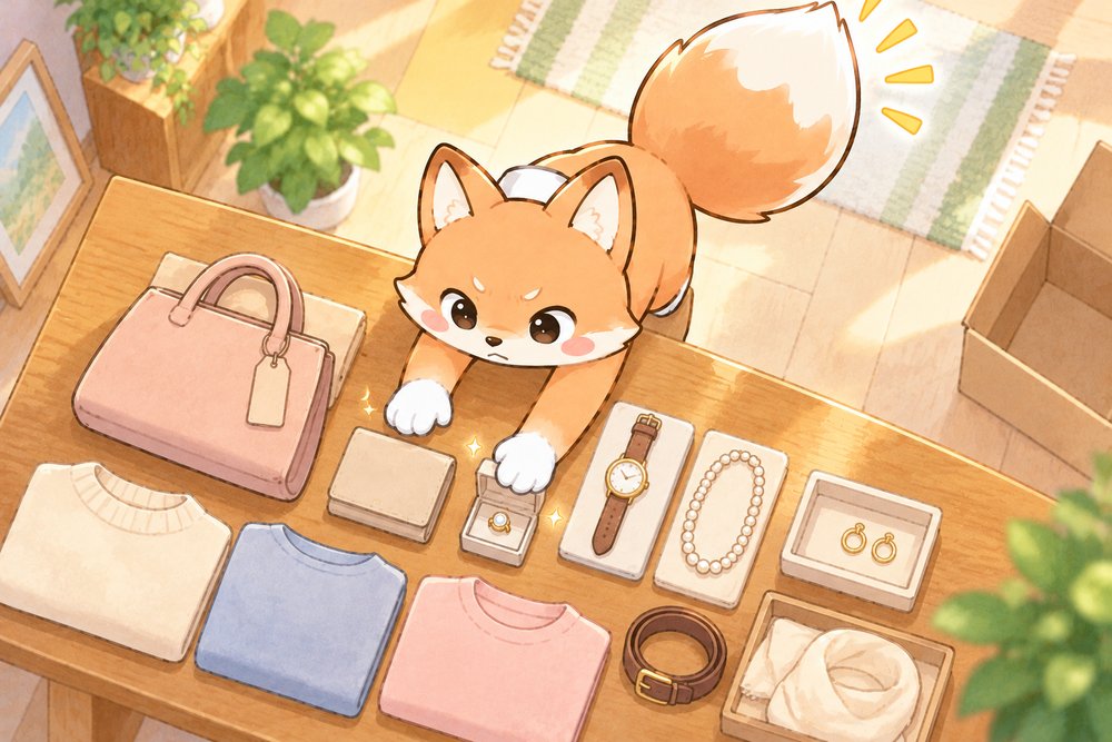 品物をきれいに並べて身を乗り出すキツネのナビ助