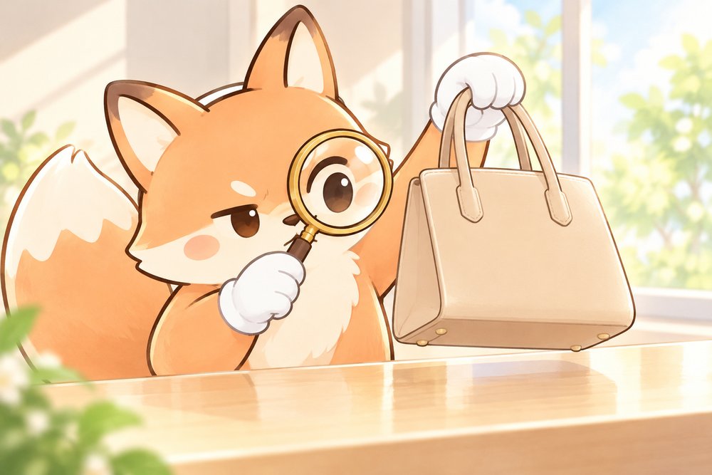 虫めがねでバッグを鑑定するキツネのナビ助