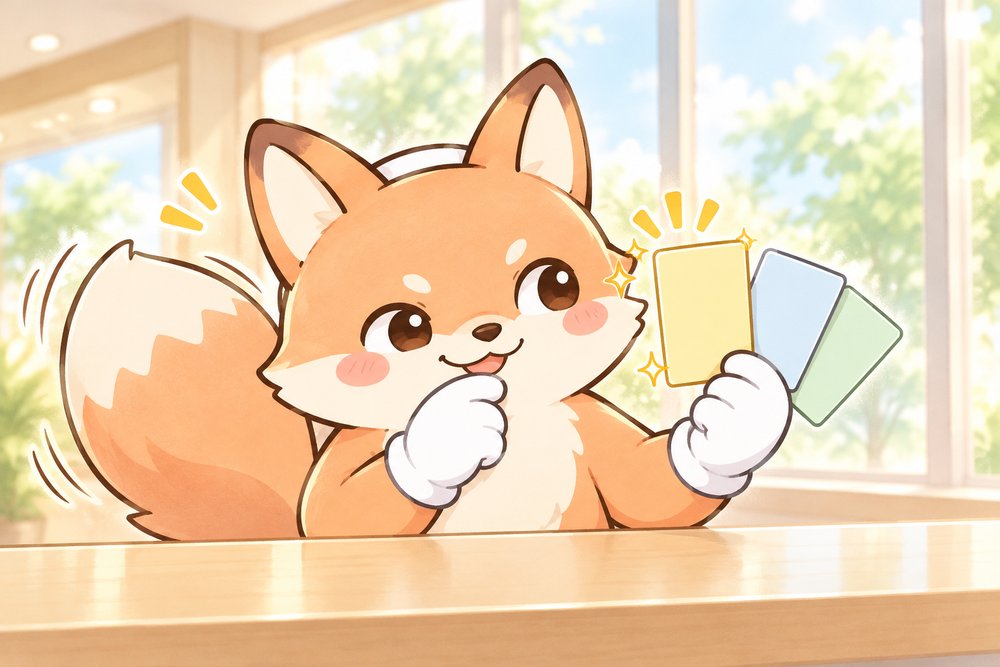 3枚のカードを見比べてにやりとするキツネのナビ助