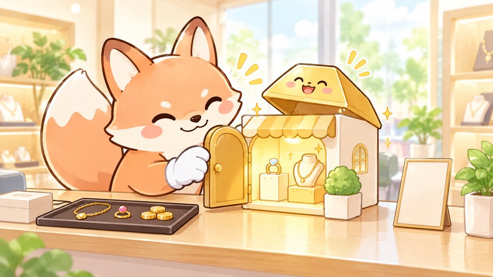 買取のお店の模型のドアをそっと開けてのぞくきつねのナビ助