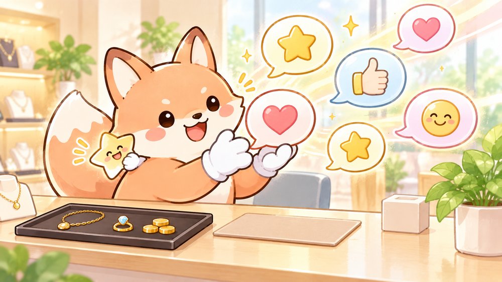 星やハートの吹き出しを両手で受け止めるきつねのナビ助