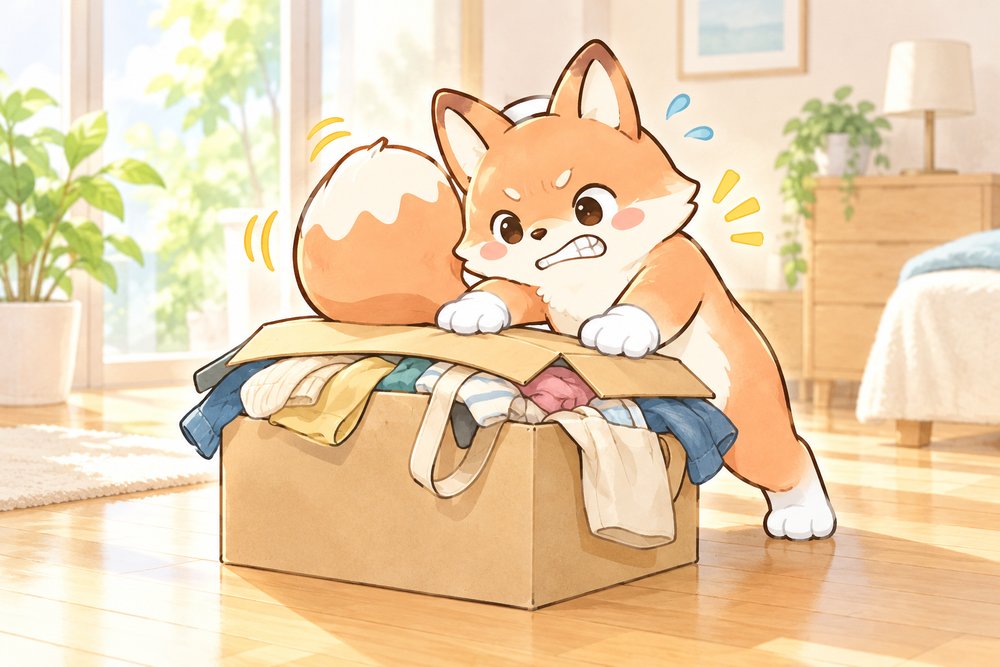詰めすぎた段ボール箱を押さえるキツネのナビ助
