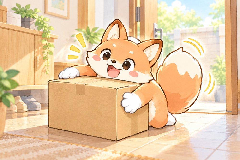 届いた集荷キットの箱に抱きつくキツネのナビ助