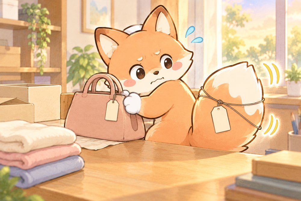 タグのひもがしっぽに絡まって困るキツネのナビ助