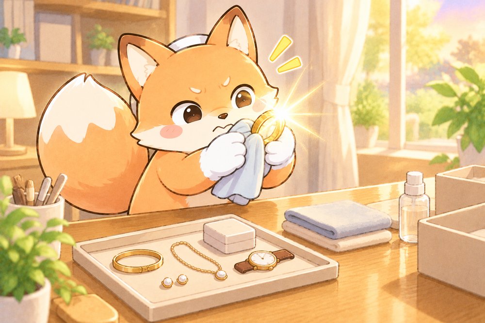 小物を磨いてぴかぴかにするキツネのナビ助