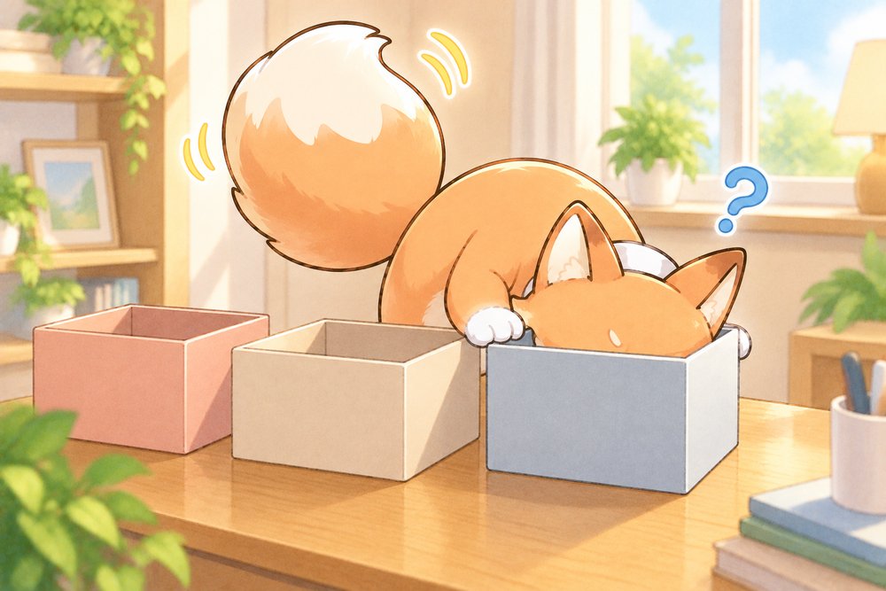 箱に頭を入れてのぞきこむキツネのナビ助