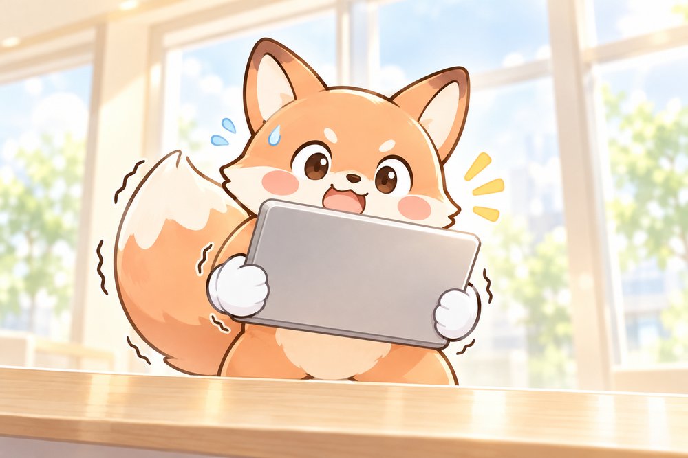 ノートパソコンの重さを確かめるキツネのナビ助