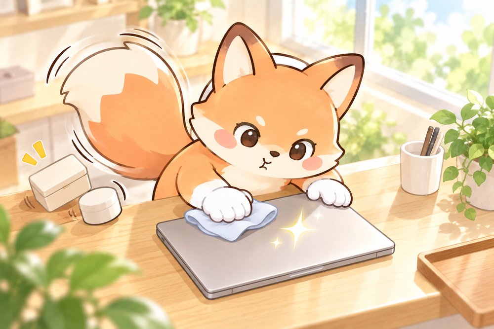 ノートパソコンをていねいに磨くキツネのナビ助